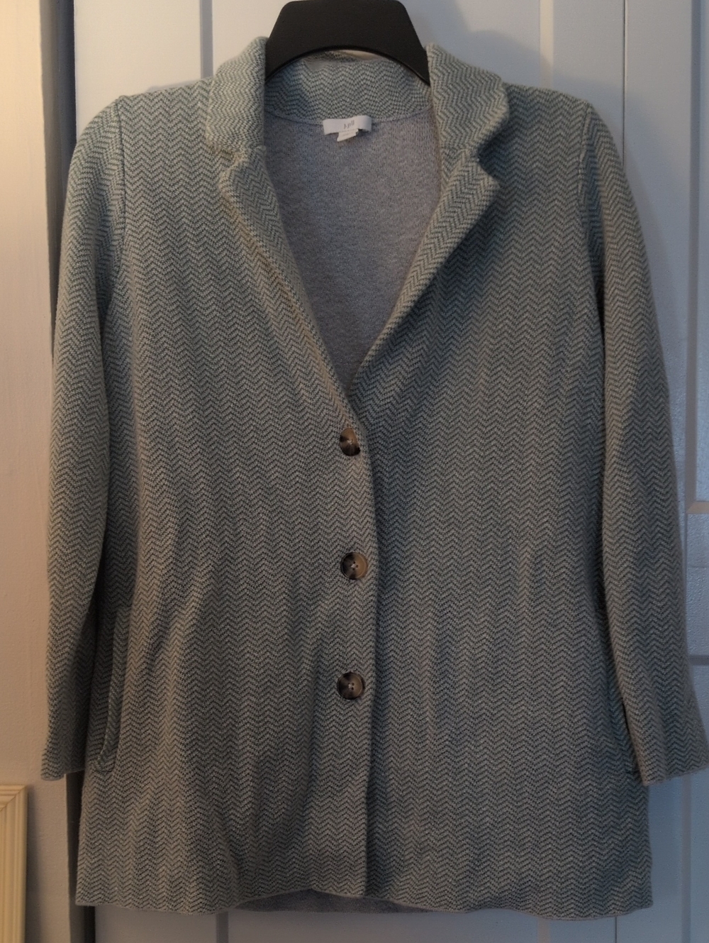 J. Jill Light Gray And Green  Herringbone Knit Blazer
